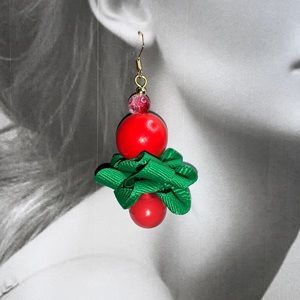 New Hand Crafted Wood Gum Ball Drop Holiday Dangle Earrings with Red Bell